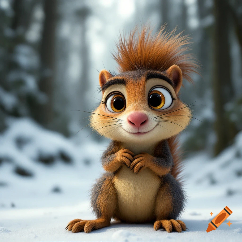 A cute cartoon squirrel sits in the snow.