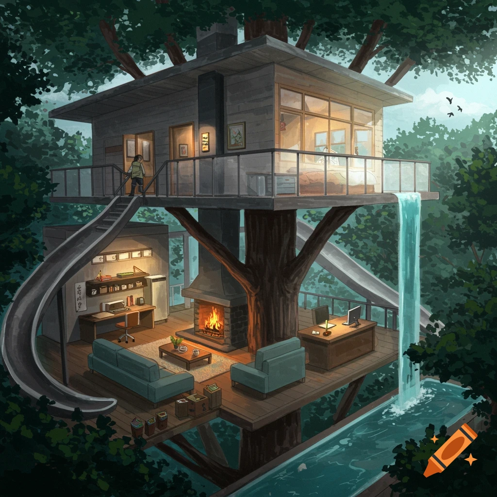 A modern treehouse features a living area, an office, a bedroom, a slide, and a waterfall. A person is present.