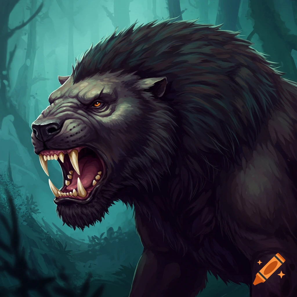 A roaring dark fantasy creature with sharp teeth in a forest.