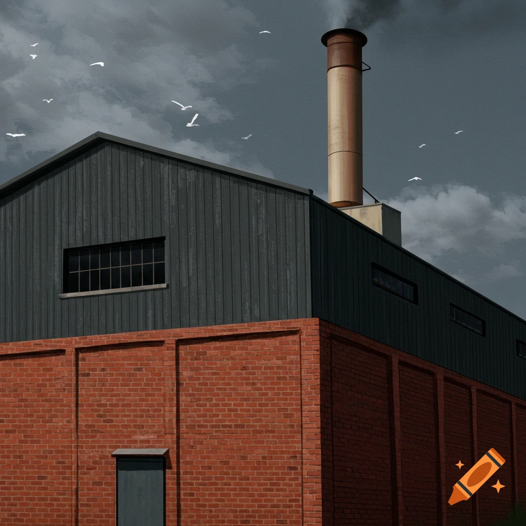 An industrial building made of red bricks and grey siding has a tall chimney emitting smoke. Birds are flying in a cloudy sky.