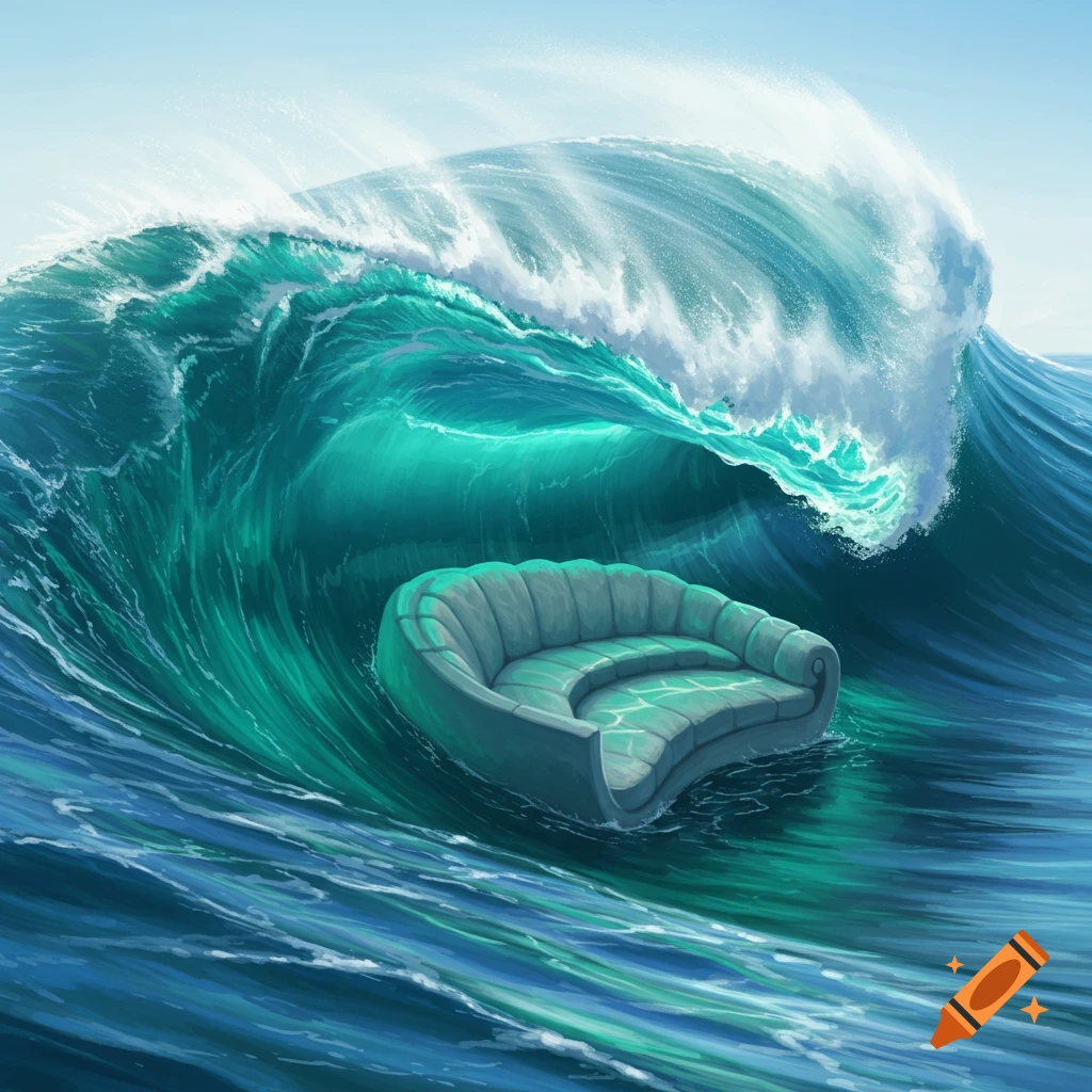 A couch floating on a large ocean wave.