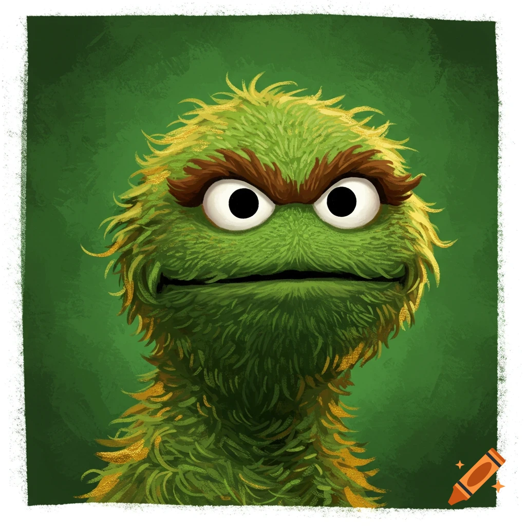 A portrait of a green, furry character with brown eyebrows and wide eyes, against a green background with a rough white border.