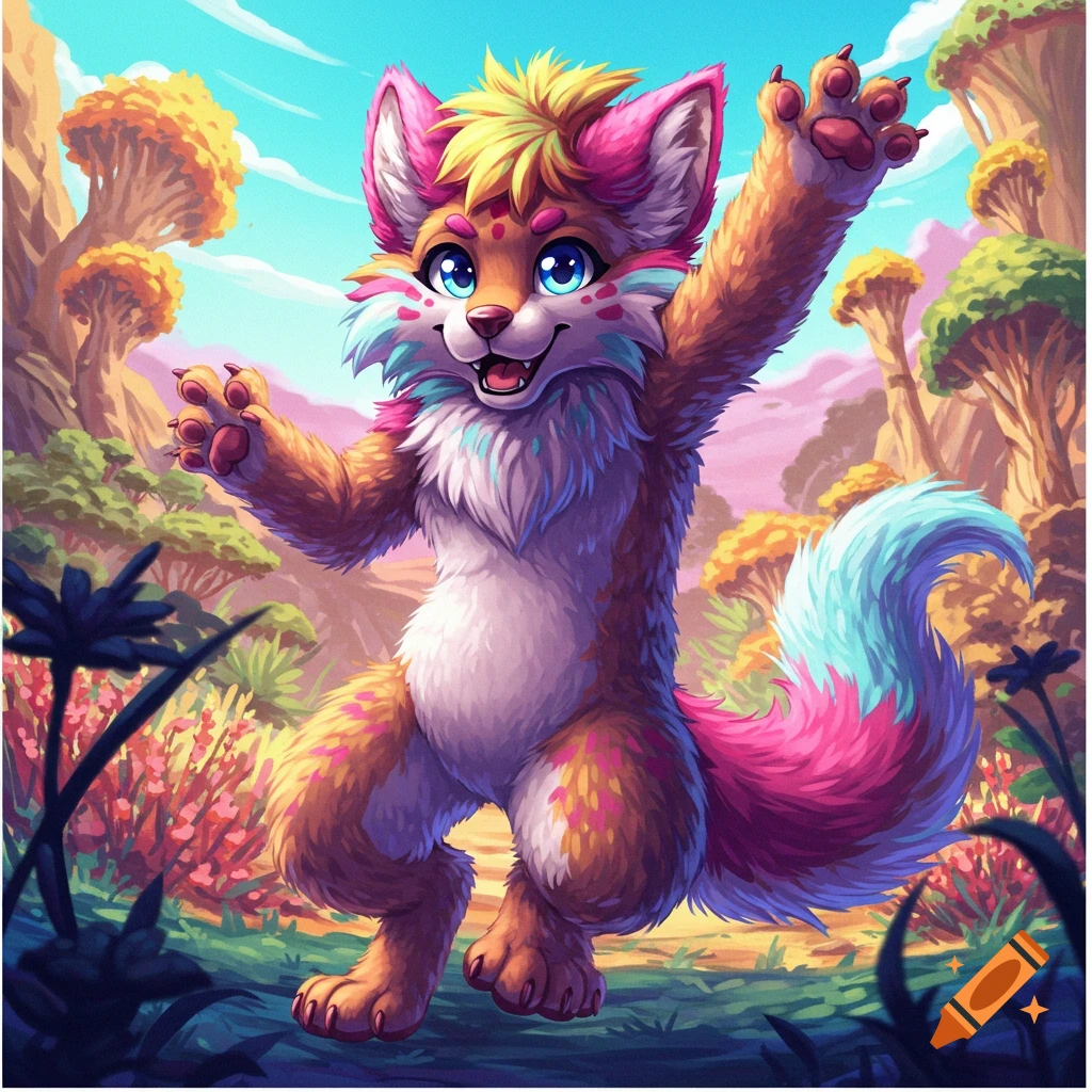 A colorful anime furry character waving in a fantasy landscape