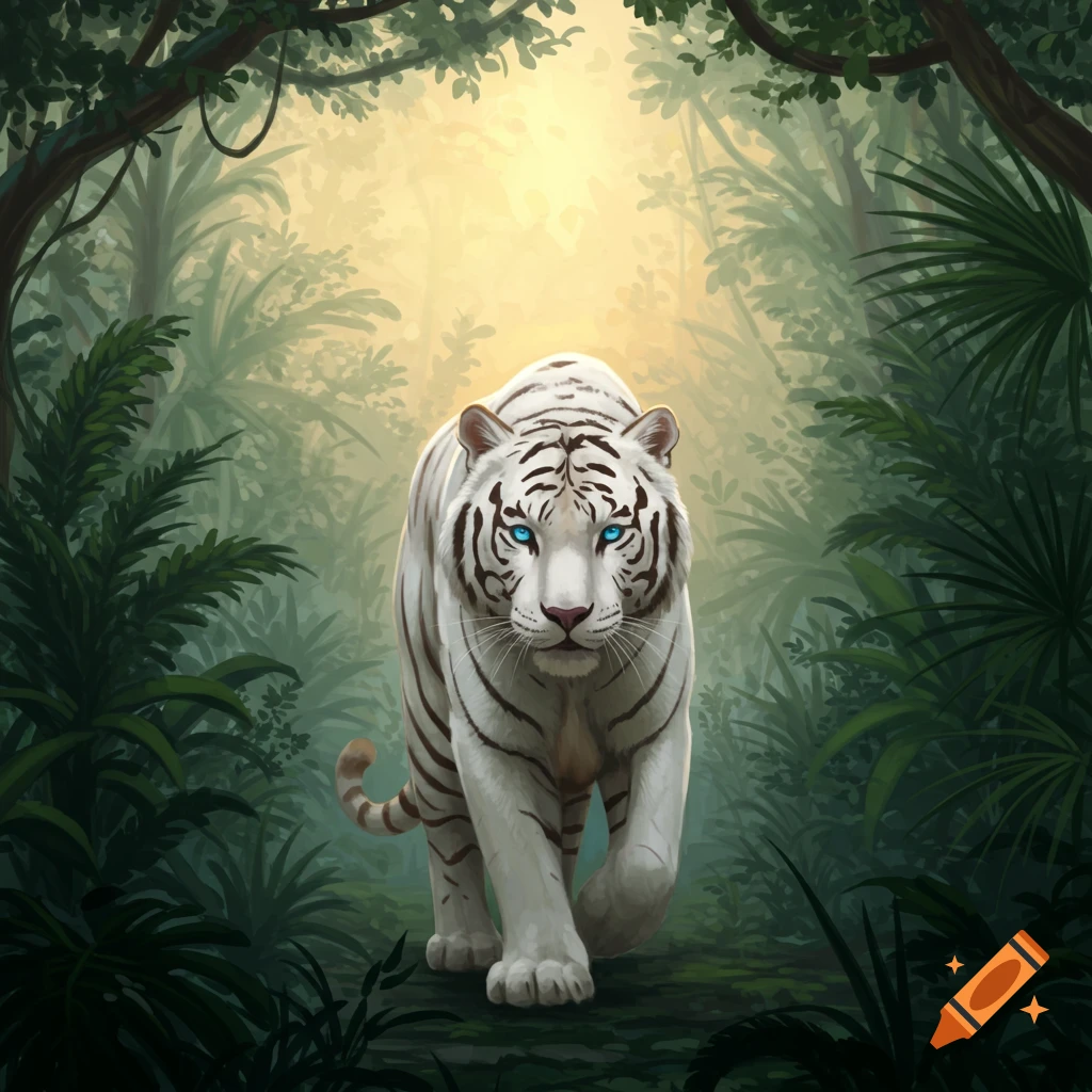 A white tiger walks through a misty jungle at dawn.
