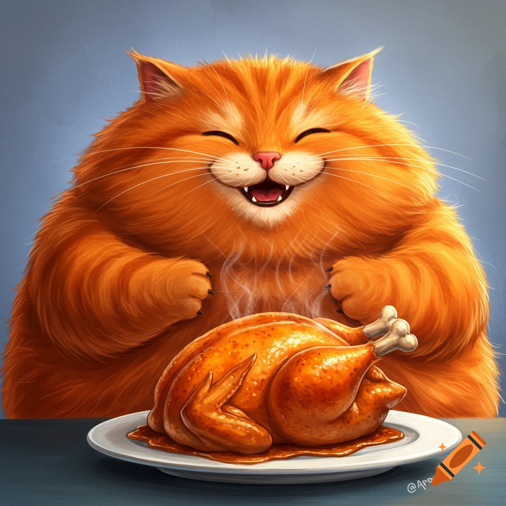 Happy fluffy orange cat looking at a steaming cooked chicken on a plate.