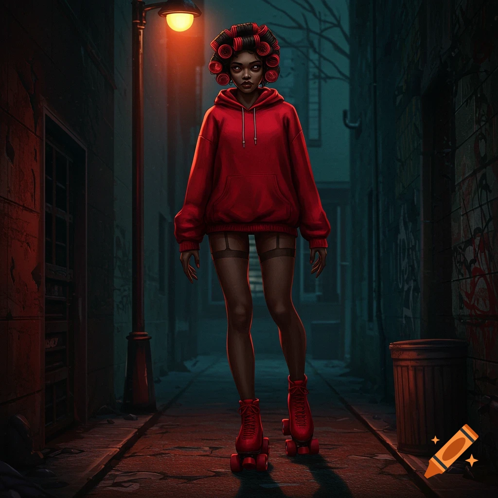 A woman in a red hoodie and red roller skates stands in a dark alley.