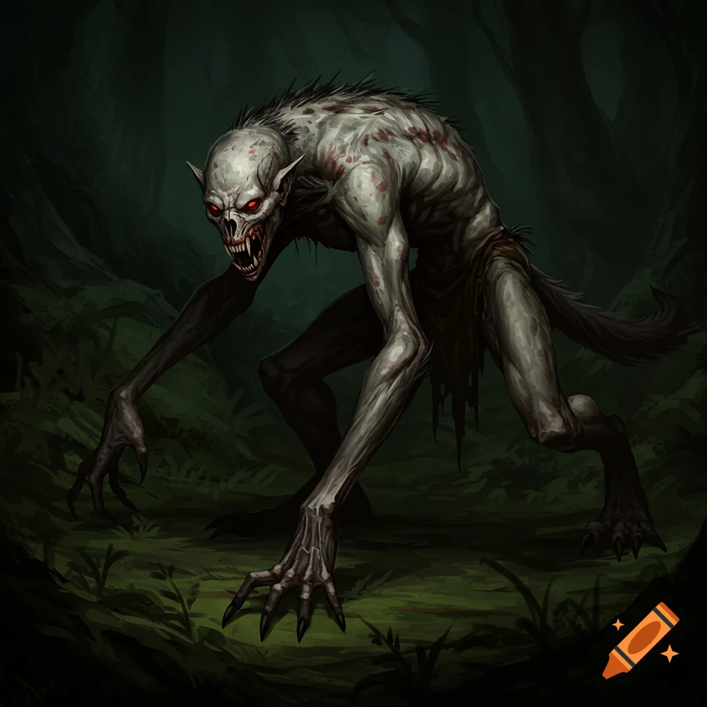 A pale-skinned, monstrous creature with red eyes and sharp teeth crawls through a dark forest.