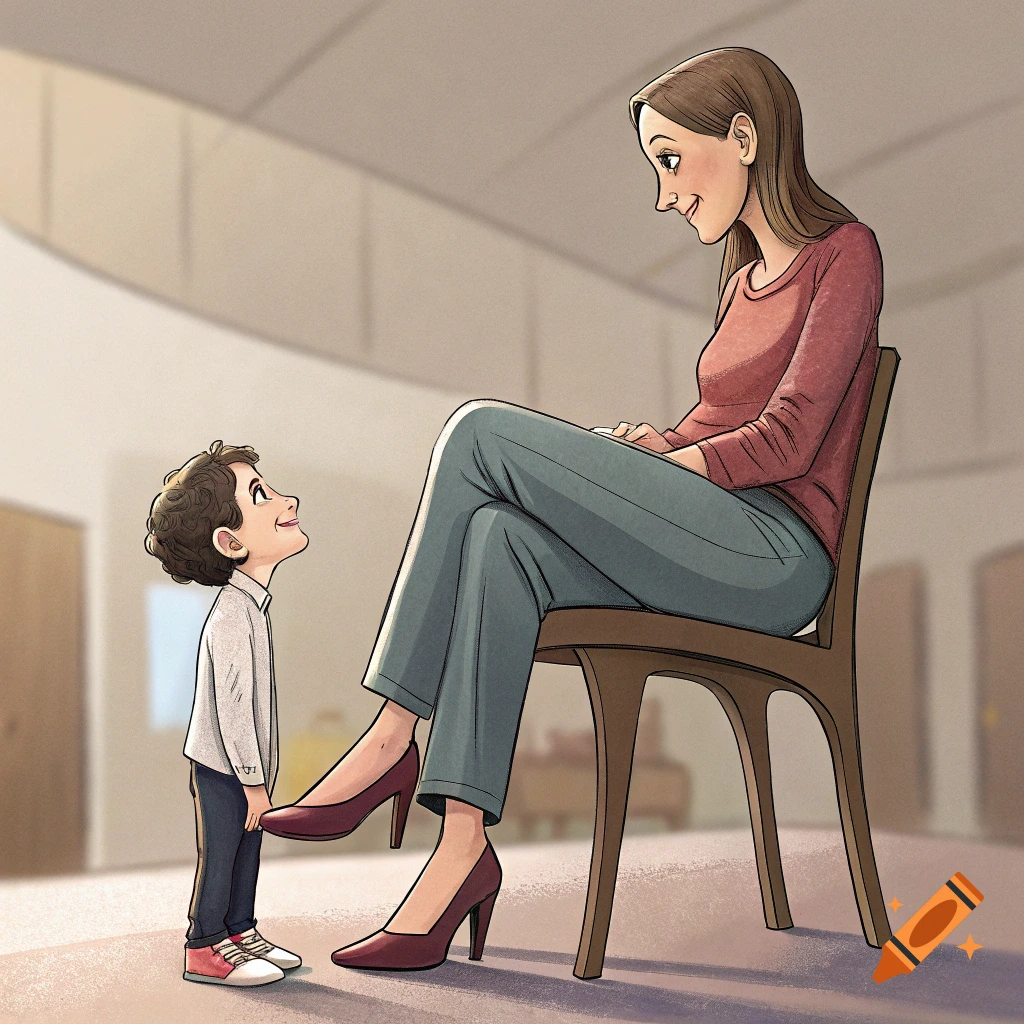 Cartoon illustration of a boy looking up at a woman sitting on a chair.