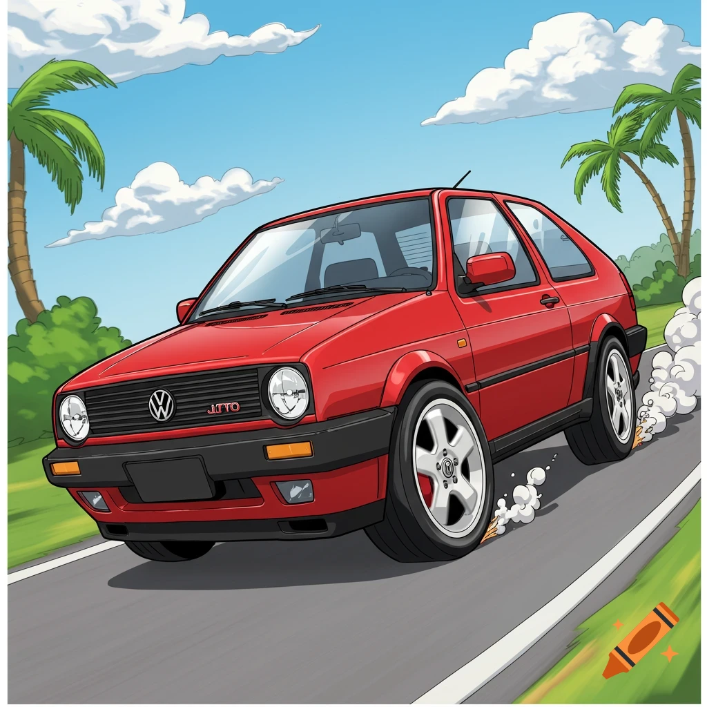 Red cartoon car driving on a road with palm trees