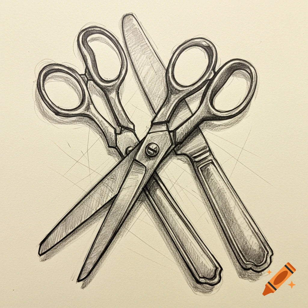 A pencil sketch drawing of crossed scissors and a knife.
