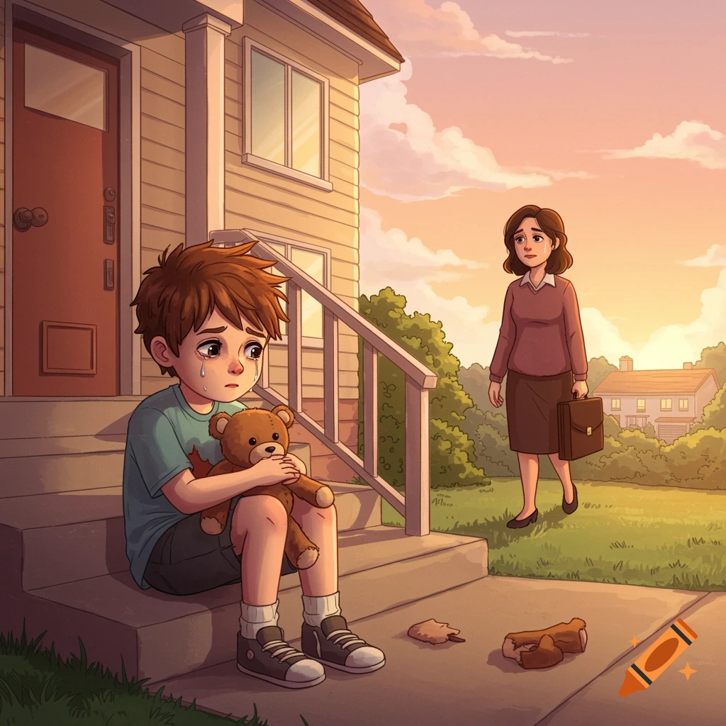 A sad boy with a teddy bear sits on a porch step, watching his mother leave.