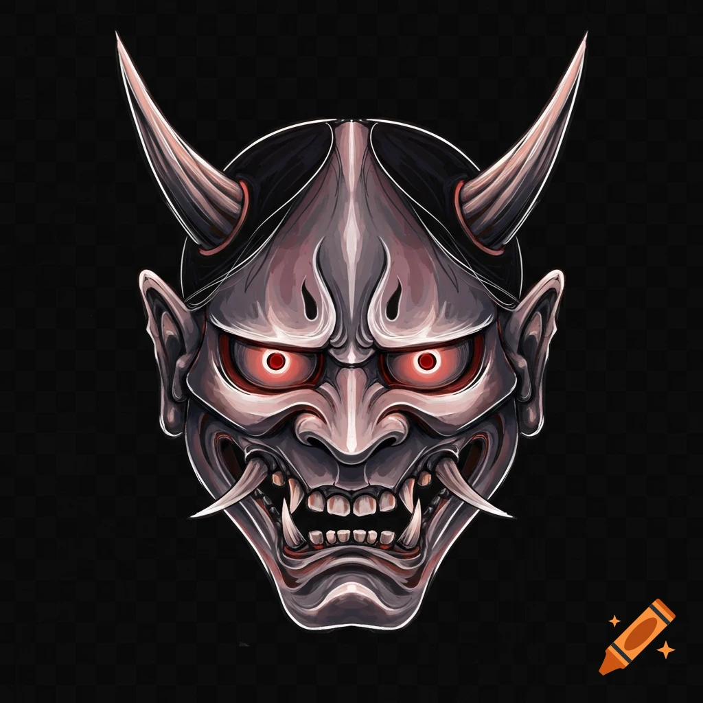 A front-facing Japanese Oni mask with red eyes and fangs on a dark background.