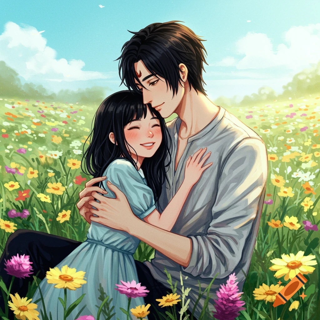 A man is embracing a smiling girl in a field of colorful wildflowers under a sunny sky.