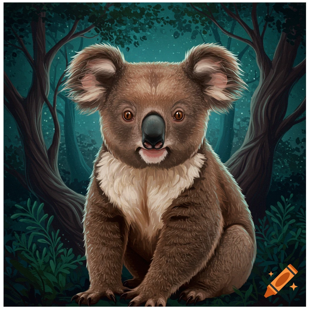 A koala sitting in a dark forest at night.