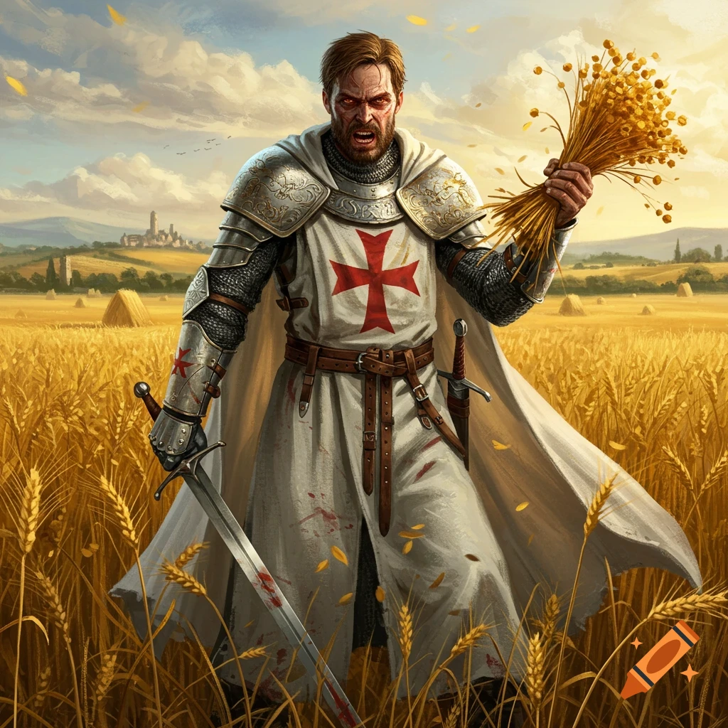 A Templar knight holding a sword and wheat in a field.