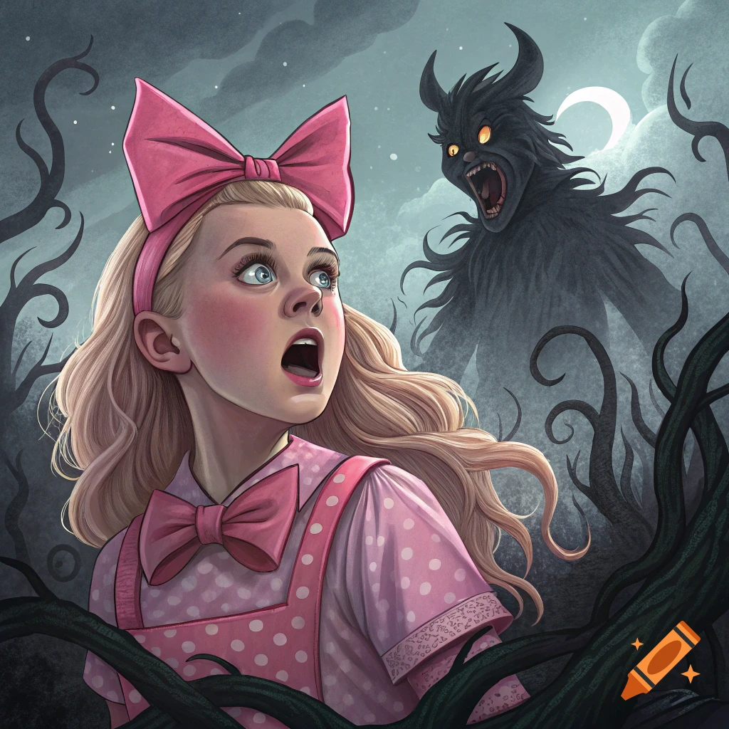 Illustration of a scared girl looking at a monster in a dark forest.