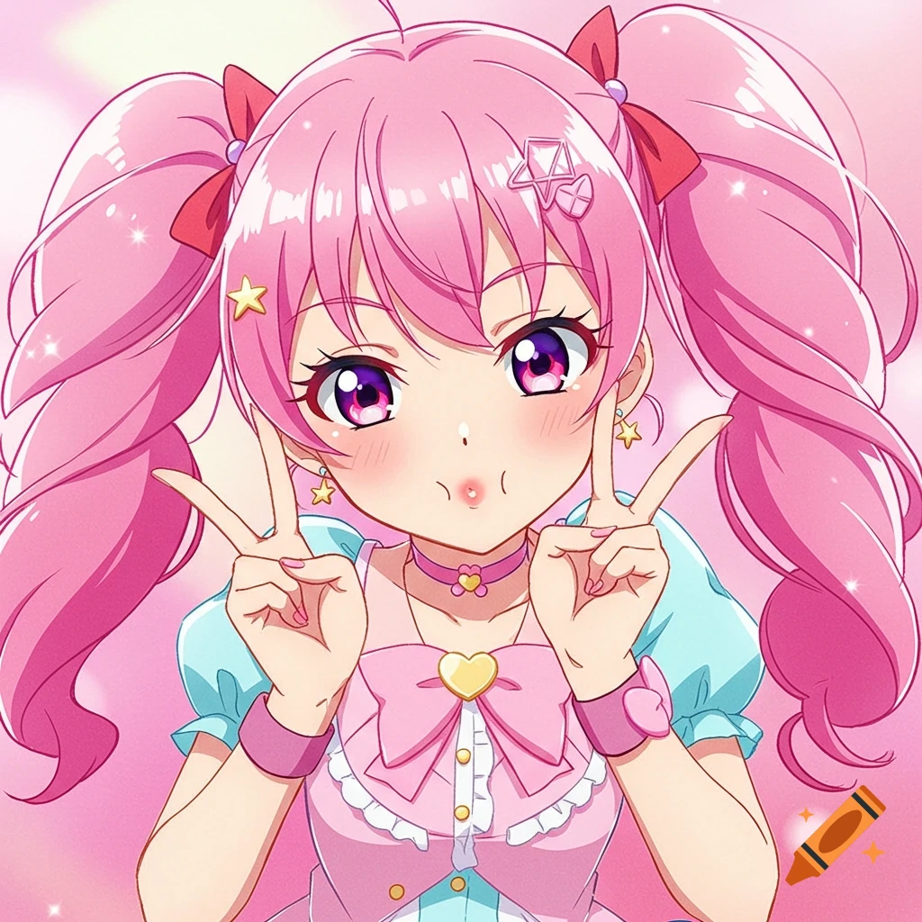 Anime girl with pink pigtails making a kissy face and peace signs
