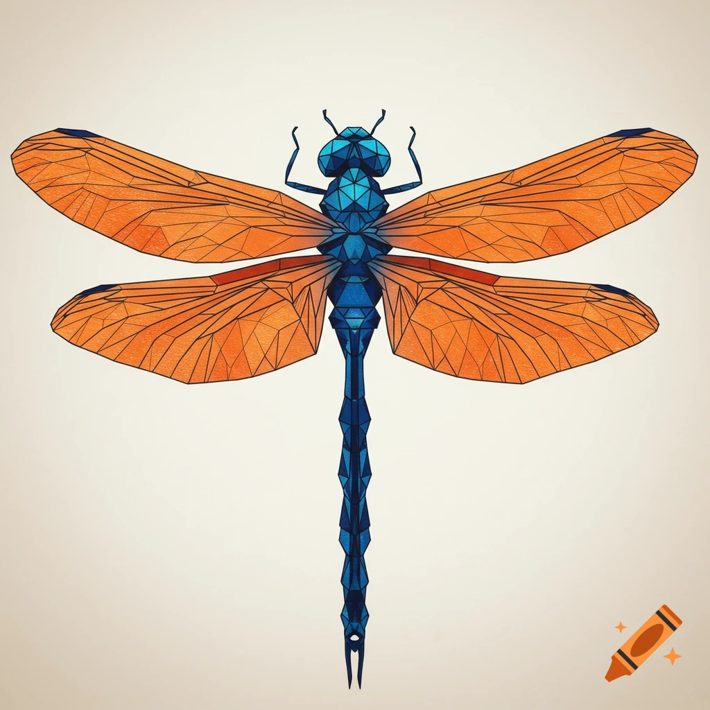 A geometric-style dragonfly with orange wings and a blue body.