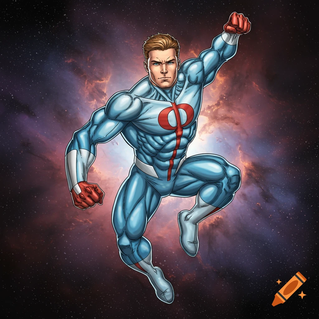 A muscular superhero in a blue and red suit leaps against a cosmic background. Comic art style.