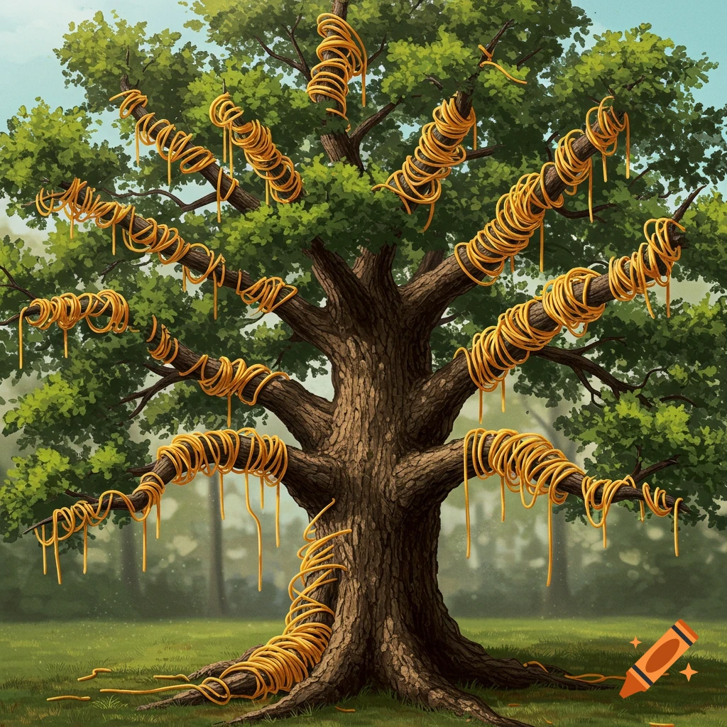 A tree in a field with spaghetti wrapped around its branches.