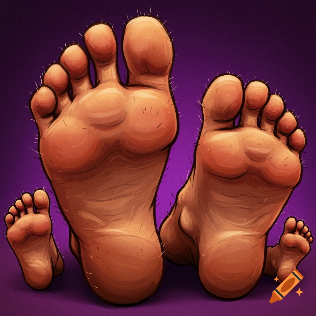 Stylized illustration of large hairy feet and toes on a purple background.