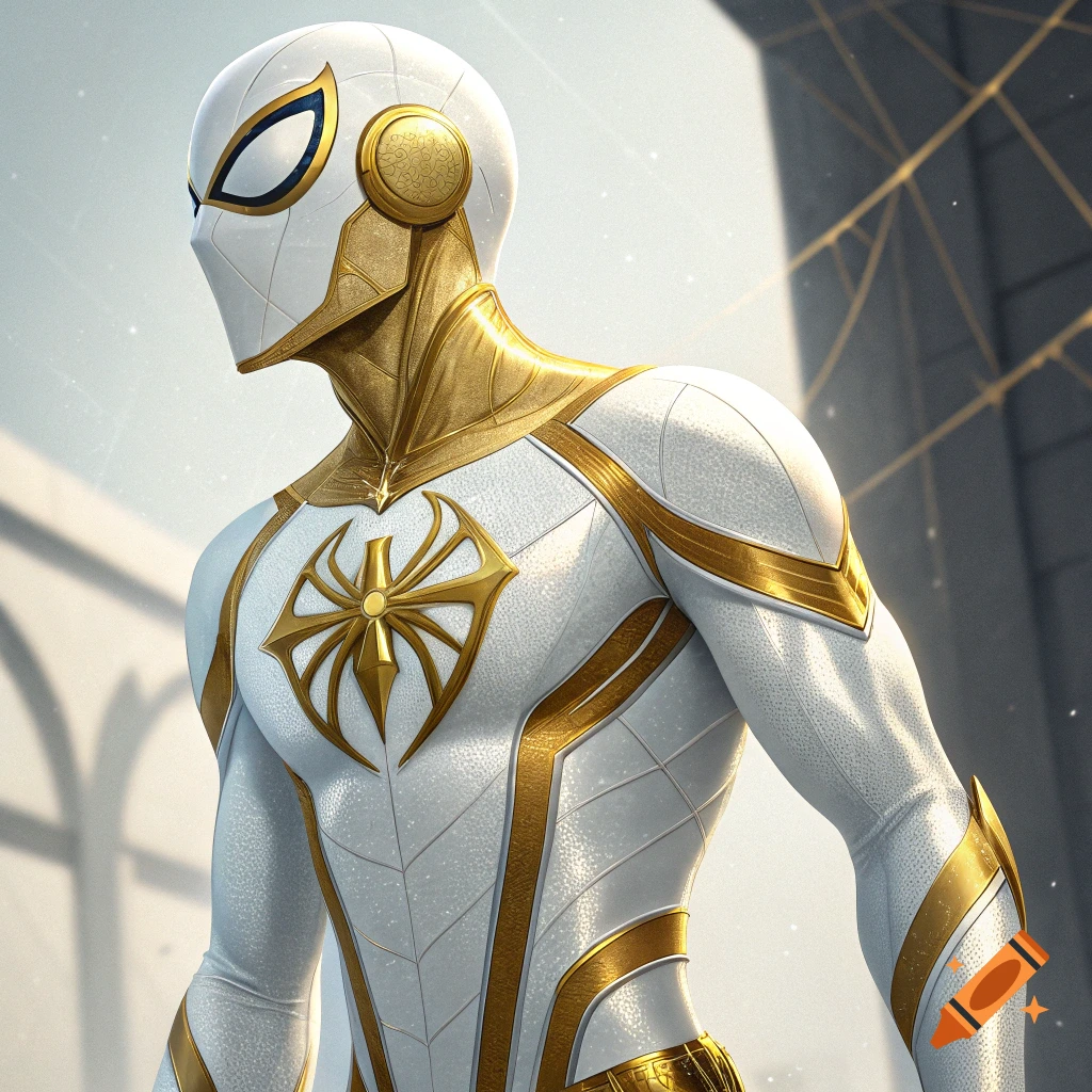 Figure in white and gold Spider-Man suit standing