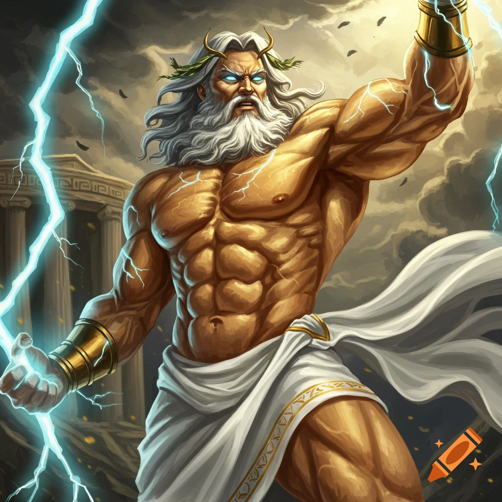 The Greek god Zeus summoning lightning with exaggerated muscles and a classical temple in the background.