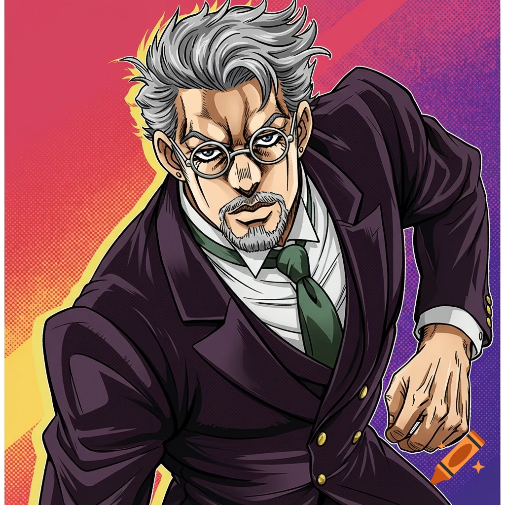 Illustration of a man with gray hair, glasses, and a goatee in a suit, in a dynamic anime style.