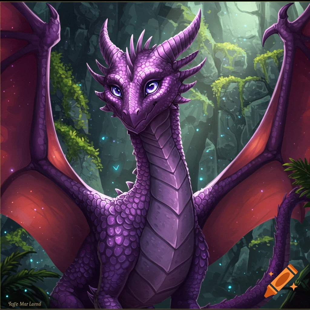 A friendly purple dragon with red wings stands in a forest clearing.