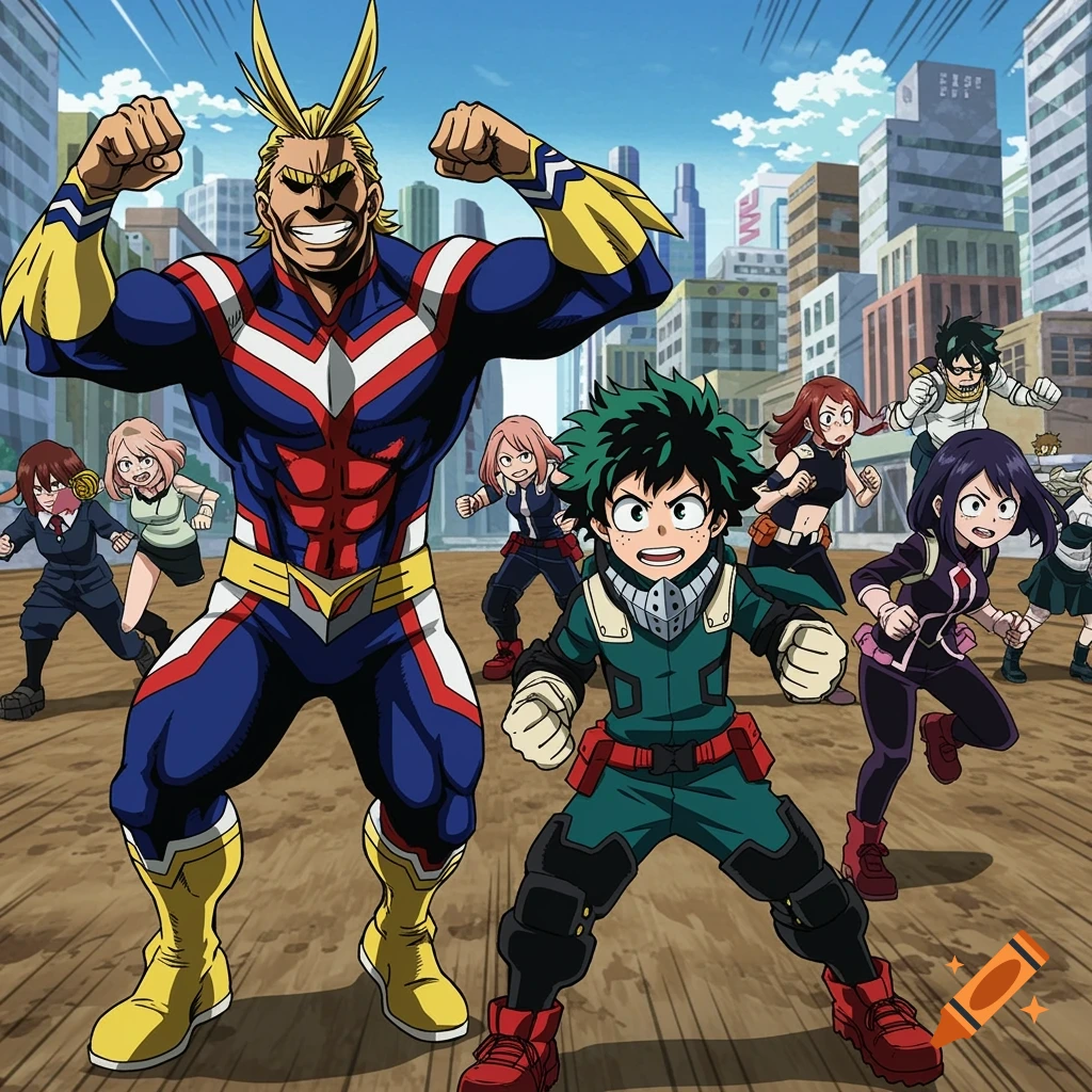 All Might and Deku pose with other anime students in a city