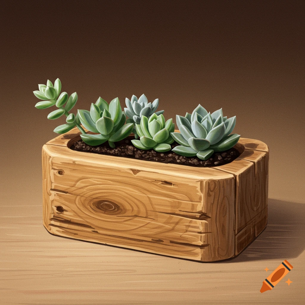 Succulents in a wooden planter.