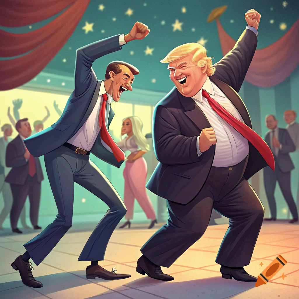 Stylized illustration of Donald Trump and another man dancing energetically at a party.
