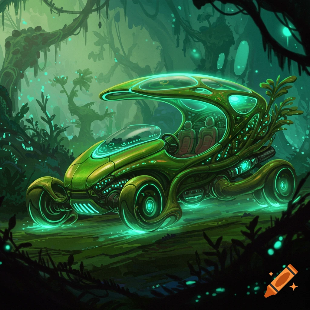 A glowing green futuristic plant-based vehicle in a mysterious forest.