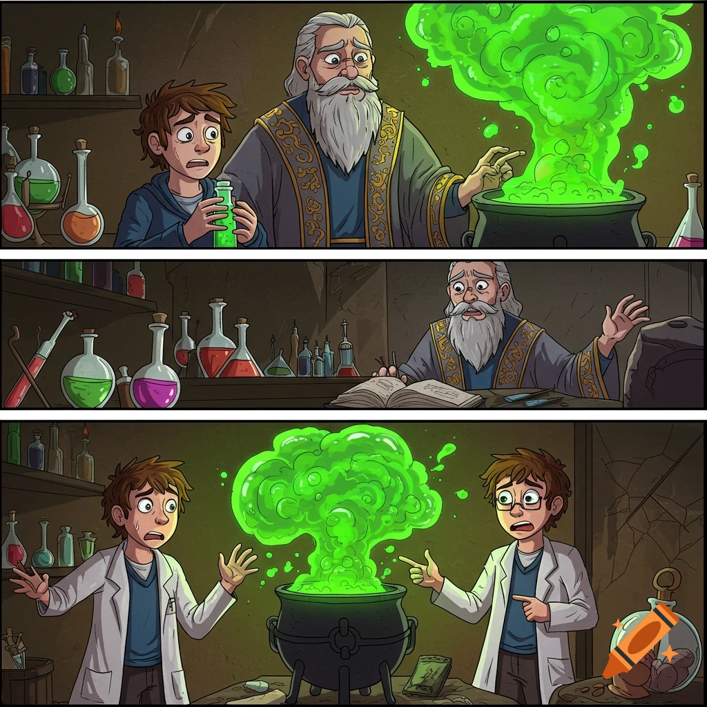 Three-panel cartoon comic of a sorcerer and apprentice with a potion explosion.