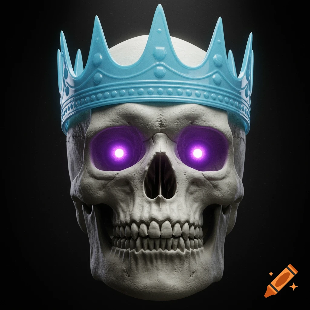 Skull with purple eyes and a light blue crown