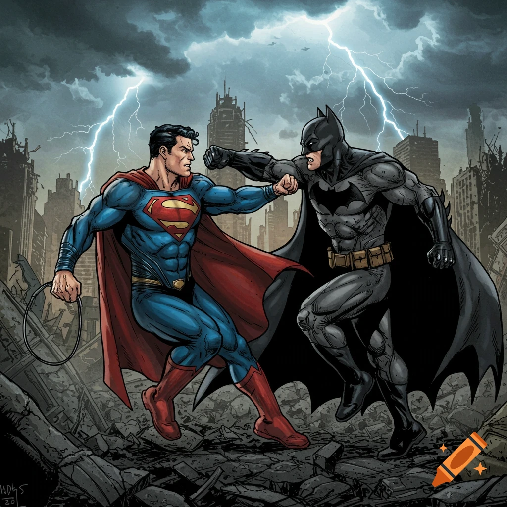 Comic book illustration of Batman fighting Superman in a ruined city under a stormy sky.
