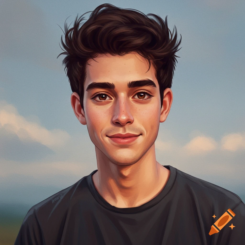 Portrait of a young man smiling against a cloudy sky.