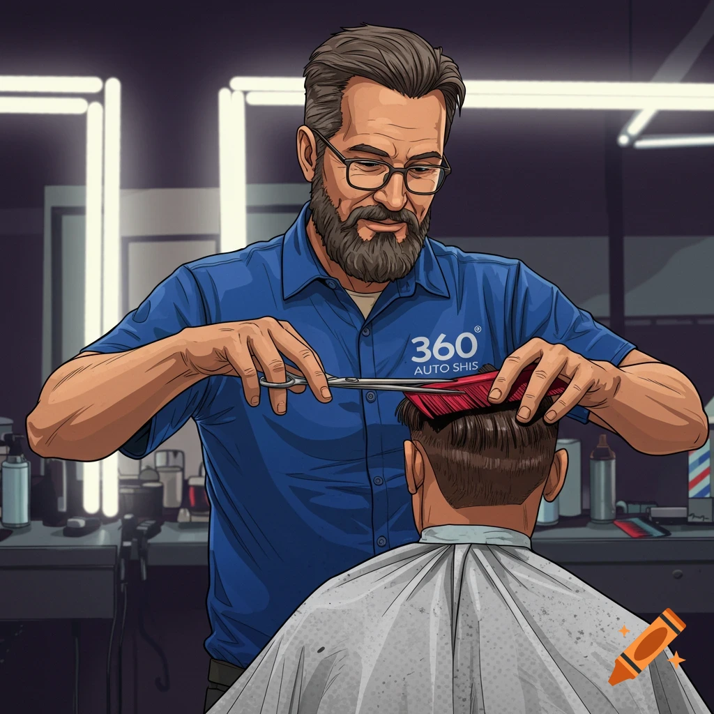 Illustration of a barber cutting a client's hair in a barbershop