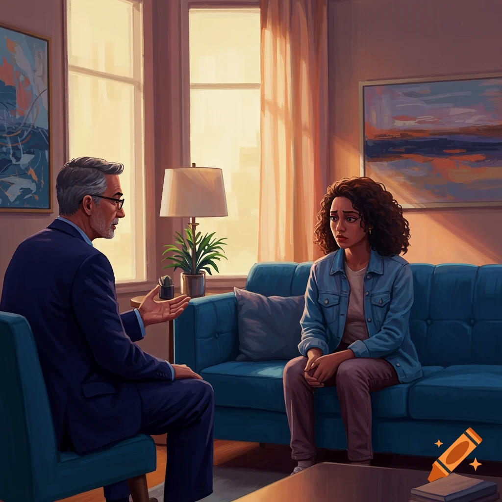 A therapist talking to a patient on a couch in an office.
