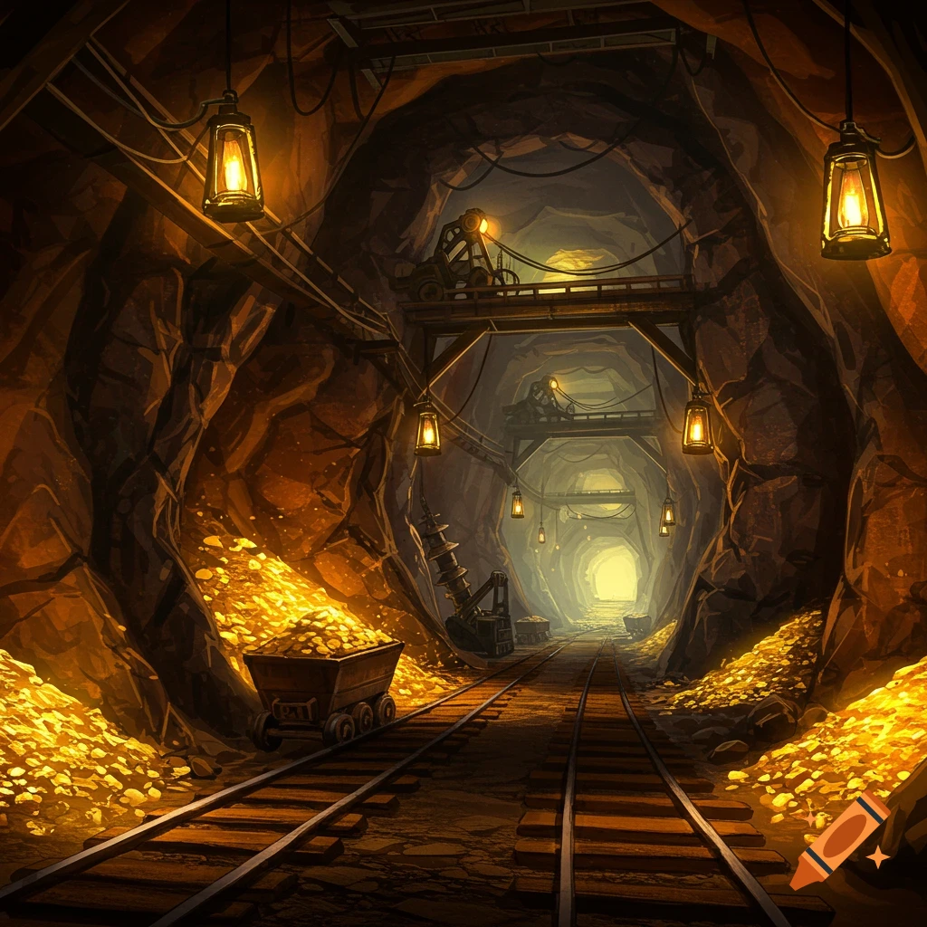 A rich gold mine tunnel with minecarts, railway tracks, lanterns, and glowing piles of gold.
