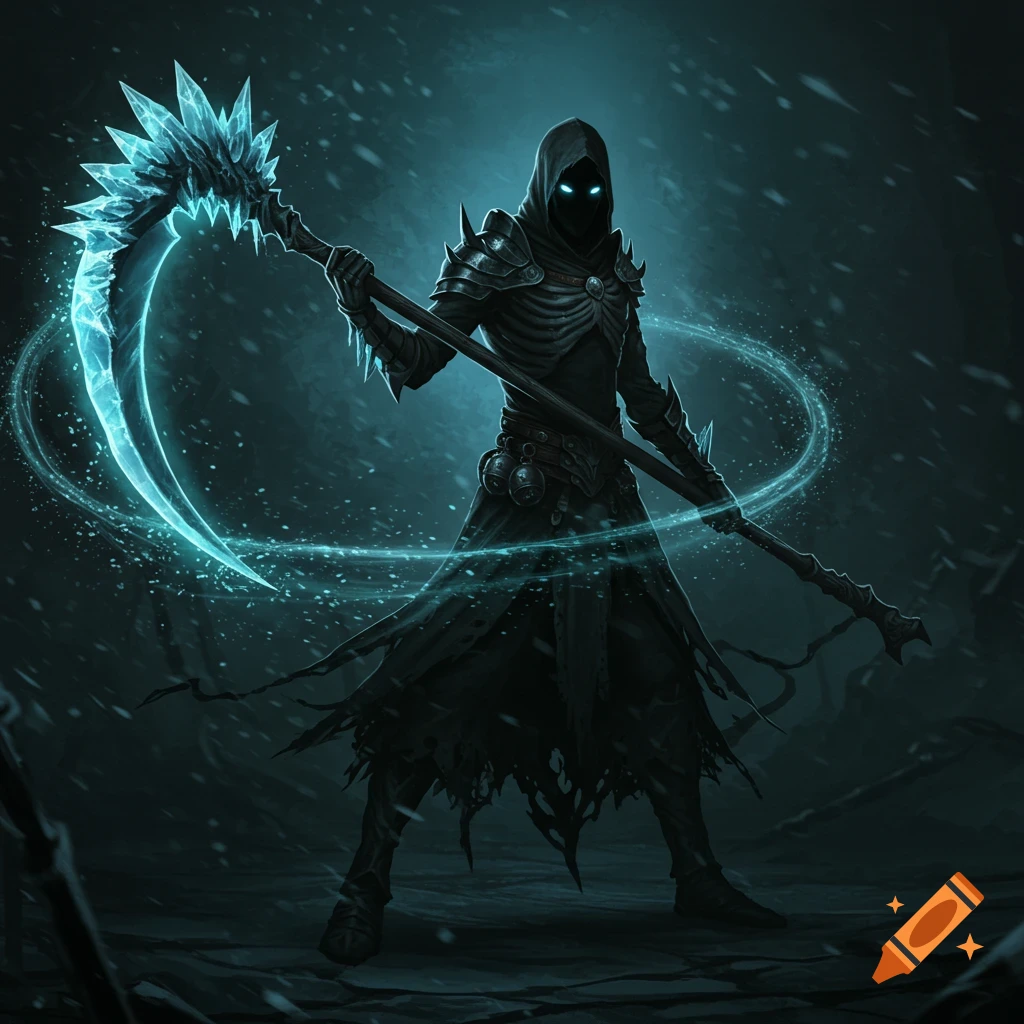 A hooded figure in dark armor holds a glowing ice scythe in a snowy environment.