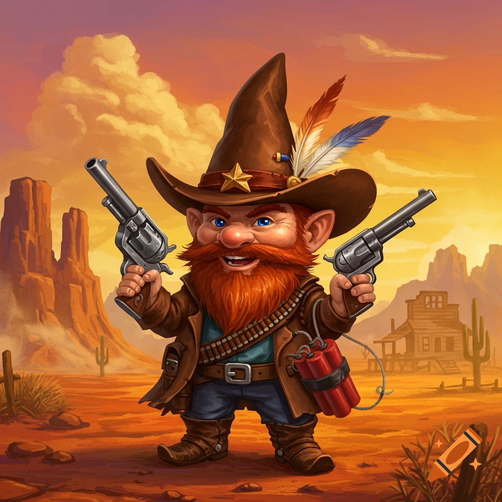 A cartoon gnome dressed as a cowboy holds two revolvers and dynamite in a desert landscape.