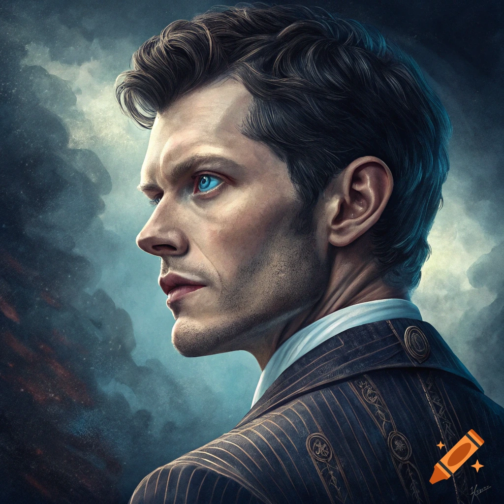 Detailed portrait of a man with blue eyes and dark hair, looking left against a cloudy background.