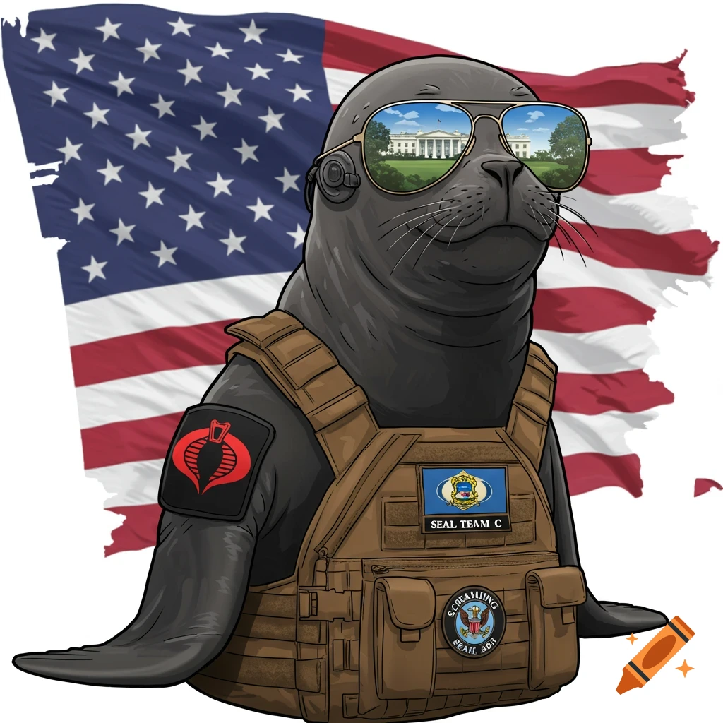 Cartoon seal in tactical vest with American flag background, sunglasses reflect White House