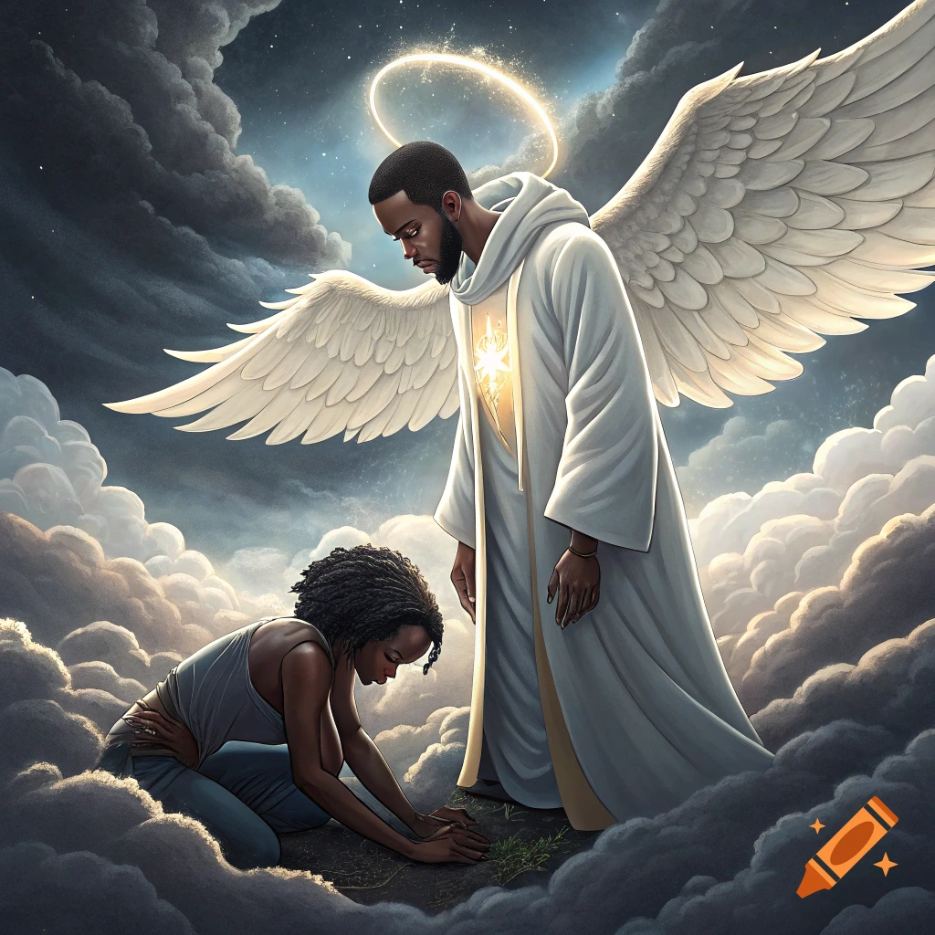 An angel in white robes looks down at a kneeling woman surrounded by clouds.