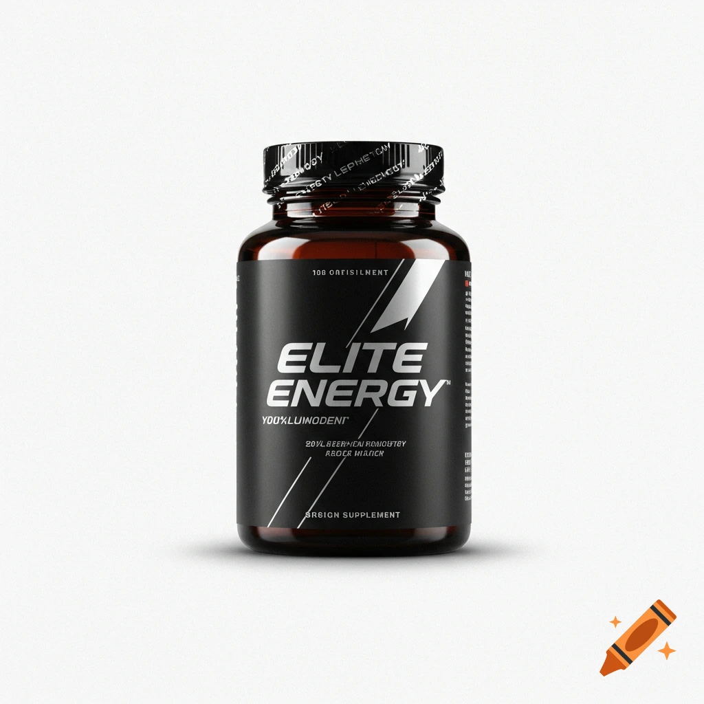 A close-up shot of a black supplement bottle with a label that reads "Elite Energy" on a white background. Photorealistic style.