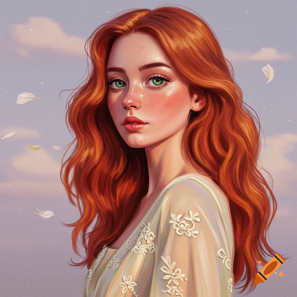 A redhead woman with green eyes and freckles, wearing a sheer dress, is depicted against a soft sky with floating petals.