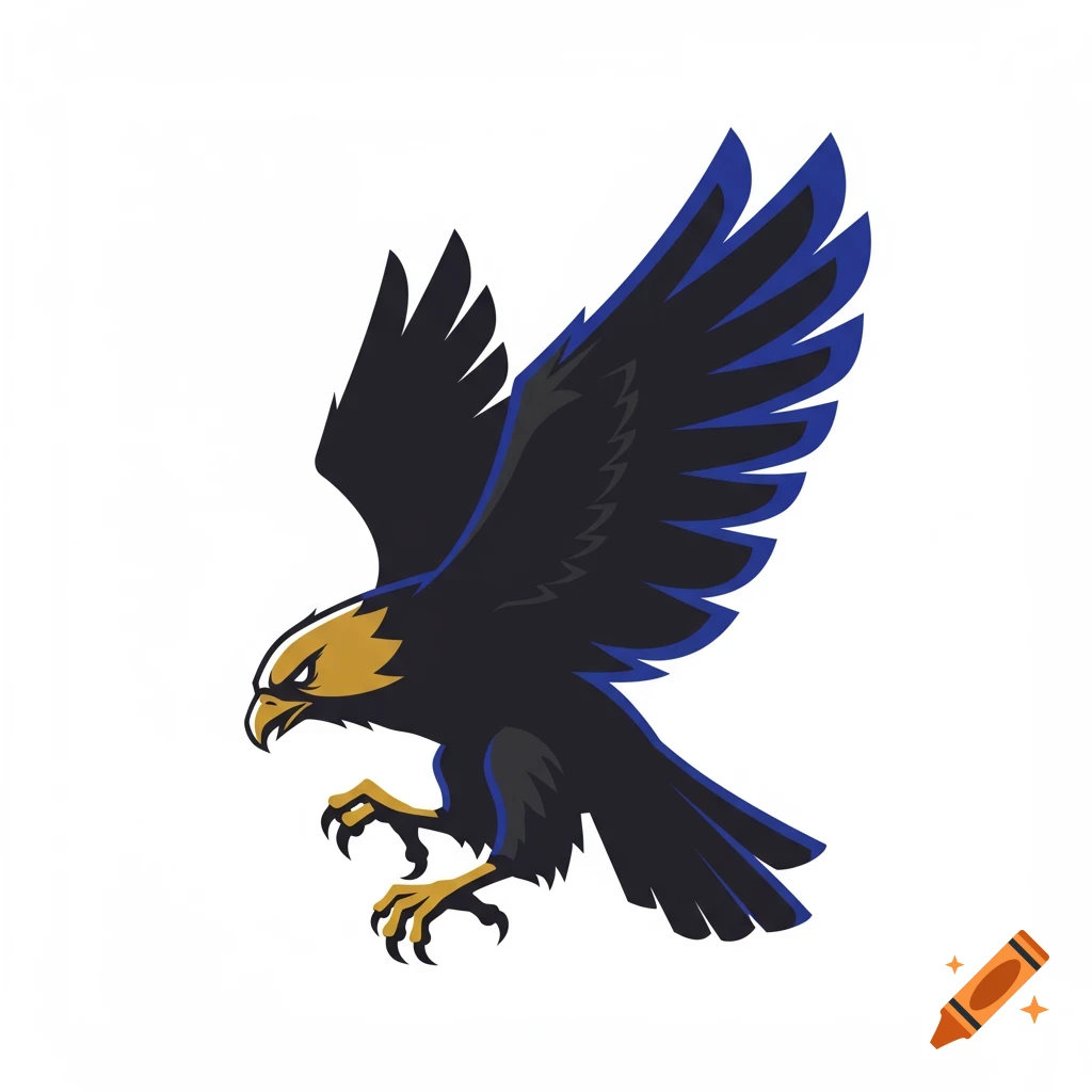 Stylized black and blue hawk or eagle with gold accents in a diving pose.