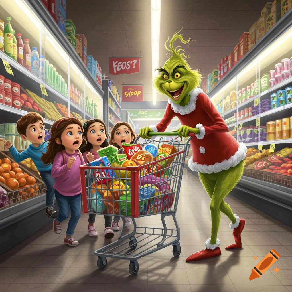 Cartoonish image of the Grinch pushing an overflowing shopping cart past startled children in a supermarket aisle.