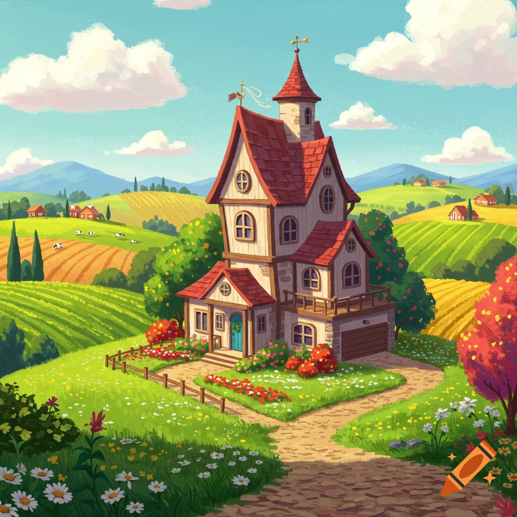 A whimsical house in a rolling green and yellow farm landscape with mountains and sky.